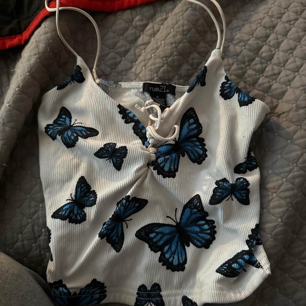 Rue21 White Camisole with Blue Butterfly Design